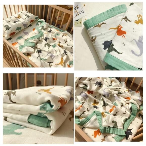 Dinosaur Muslin Blanket Baby Quilt - Silky Soft and Breathable Crib Blanket - Picture 5 of 8